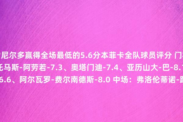 雷尼尔多赢得全场最低的5.6分本菲卡全队球员评分 门将：特鲁宾-6.9 后卫：托马斯-阿劳若-7.3、奥塔门迪-7.4、亚历山大-巴-8.1、安东尼奥-席尔瓦-6.6、阿尔瓦罗-费尔南德斯-8.0 中场：弗洛伦蒂诺-路易斯-7.2、巴雷罗-6.8、柯克曲-7.8、奥尔斯内斯-7.1 先锋：贝斯特-7.5、罗埃塞-7.1、阿克蒂尔科奥卢-7.3、帕夫利季斯-6.7、迪马利亚-7.7、阿姆杜尼-7.2